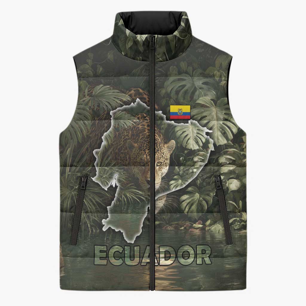 Ecuador Sleeveless Puffer Jacket with Jaguar Rainforest Map Design - Wonder Print Shop