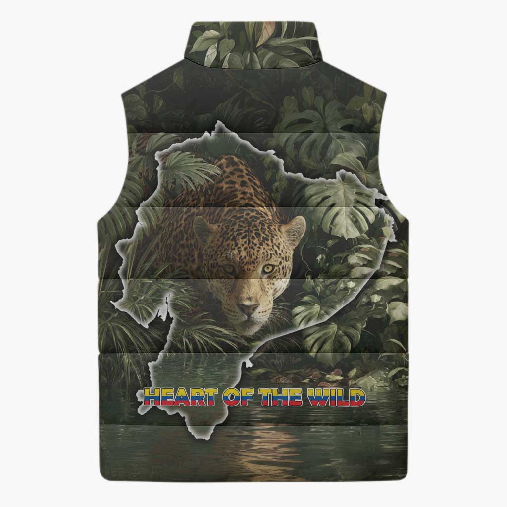 Ecuador Sleeveless Puffer Jacket with Jaguar Rainforest Map Design - Wonder Print Shop