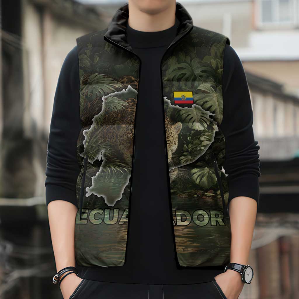 Ecuador Sleeveless Puffer Jacket with Jaguar Rainforest Map Design - Wonder Print Shop