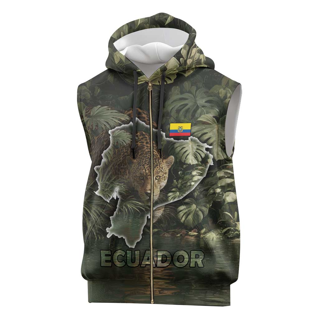 Ecuador Sleeveless Zip Hoodie with Jaguar Rainforest Map Design - Wonder Print Shop