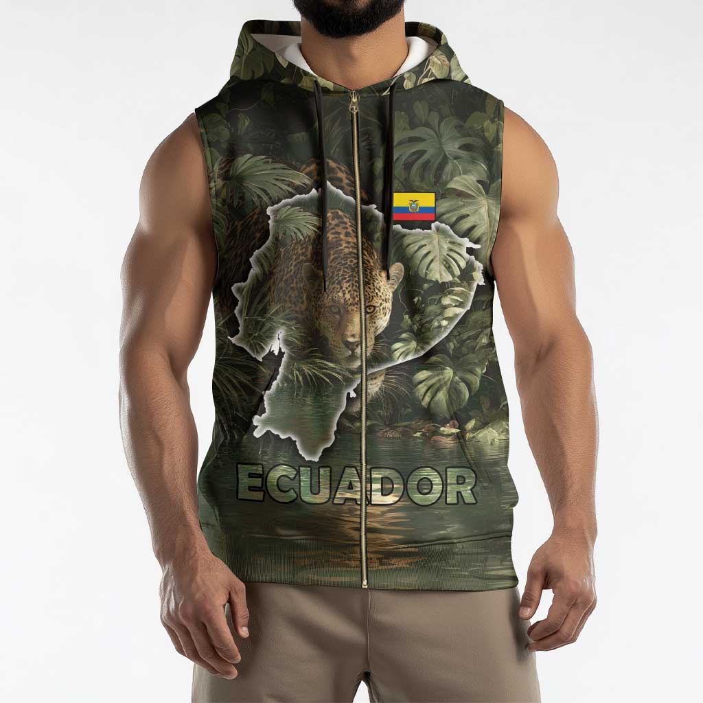 Ecuador Sleeveless Zip Hoodie with Jaguar Rainforest Map Design - Wonder Print Shop