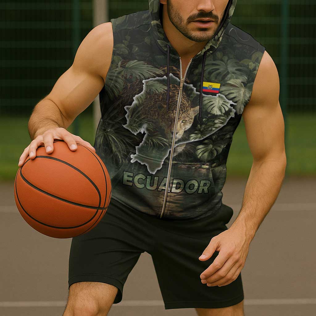 Ecuador Sleeveless Zip Hoodie with Jaguar Rainforest Map Design - Wonder Print Shop