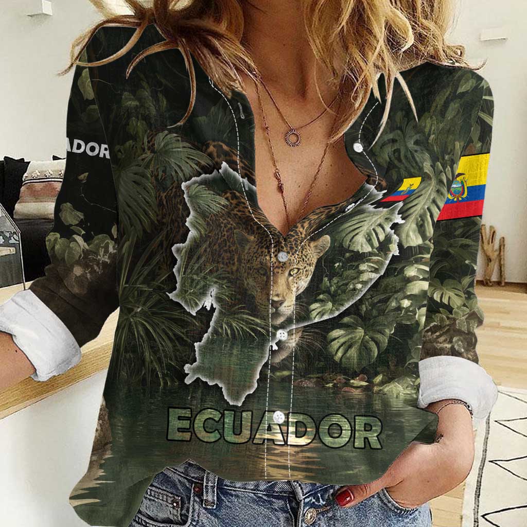 Ecuador Women Casual Shirt with Jaguar Rainforest Map Design - Wonder Print Shop