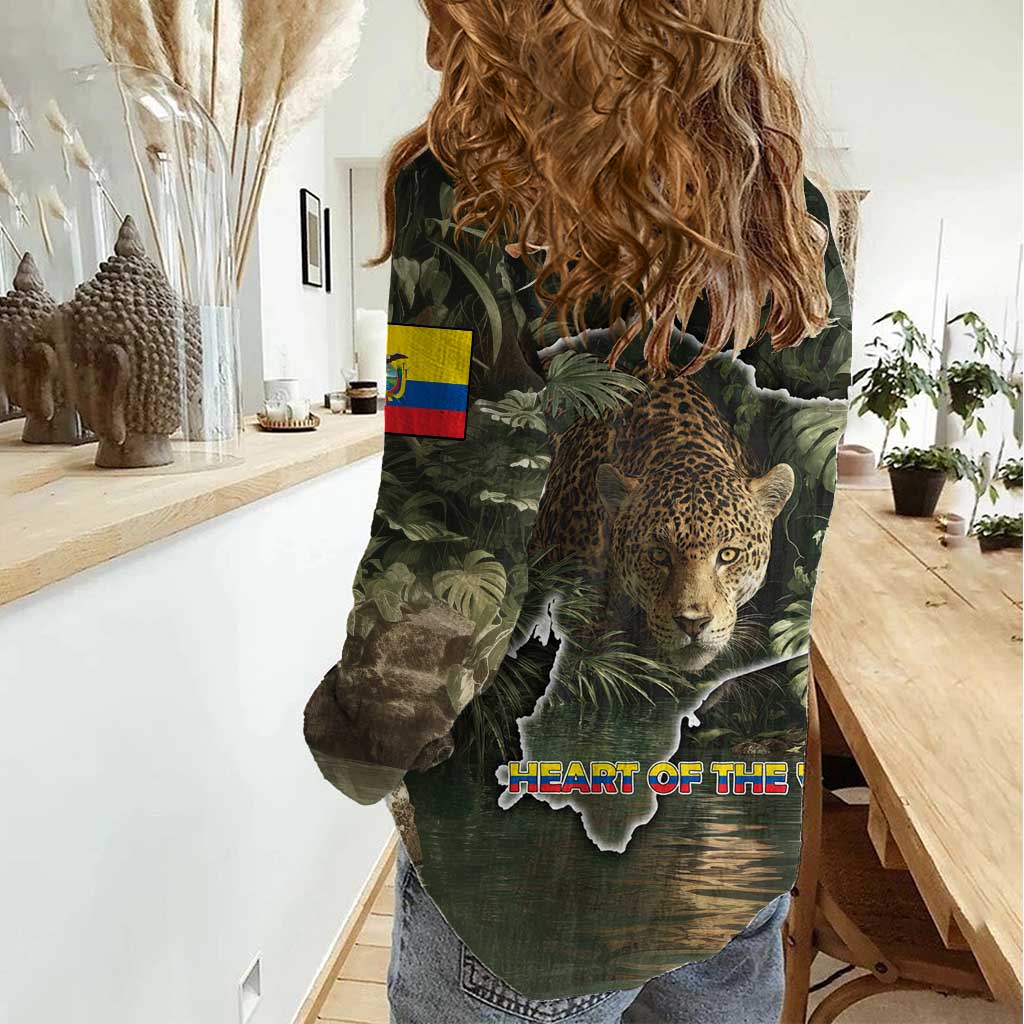 Ecuador Women Casual Shirt with Jaguar Rainforest Map Design - Wonder Print Shop