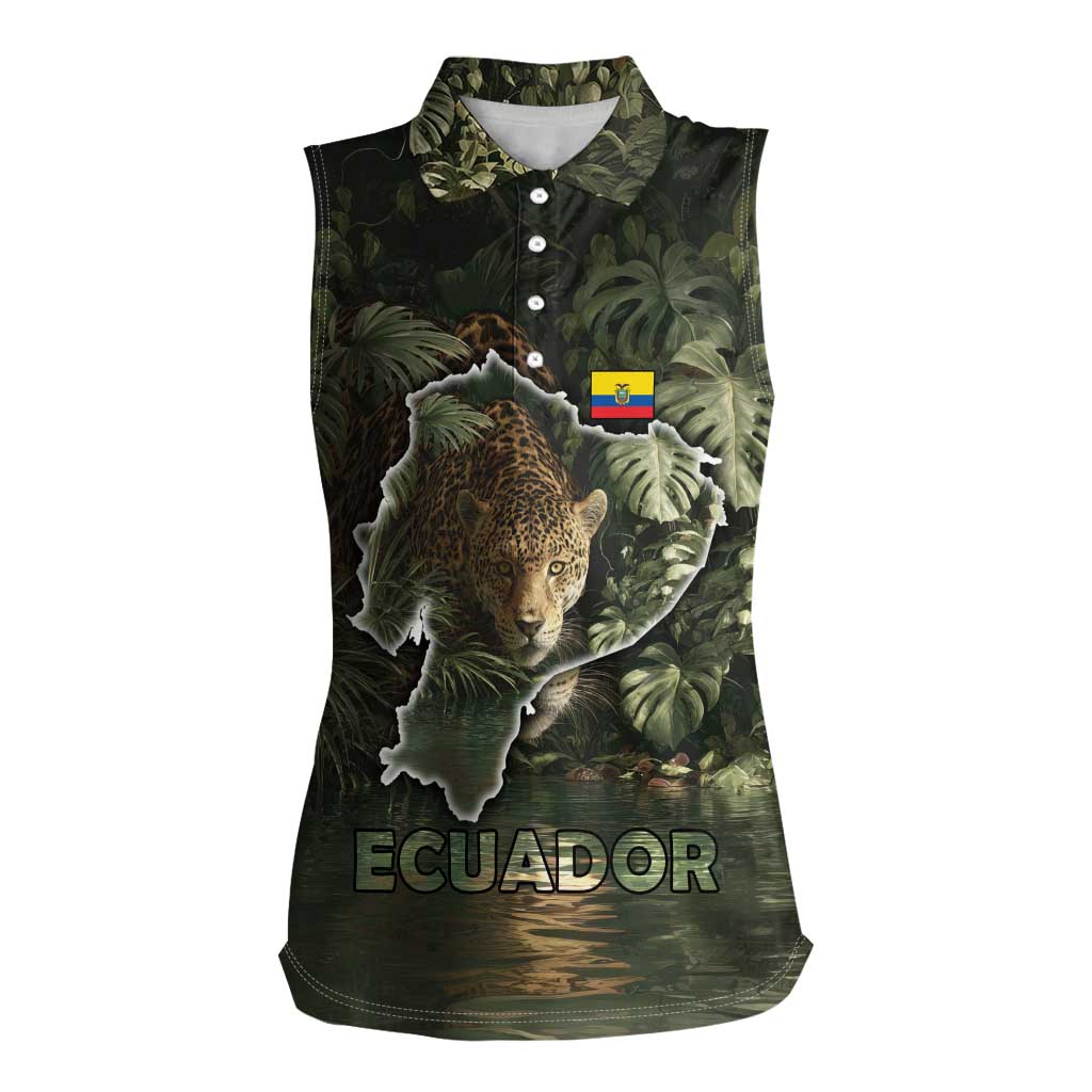 Ecuador Women Sleeveless Polo Shirt with Jaguar Rainforest Map Design - Wonder Print Shop