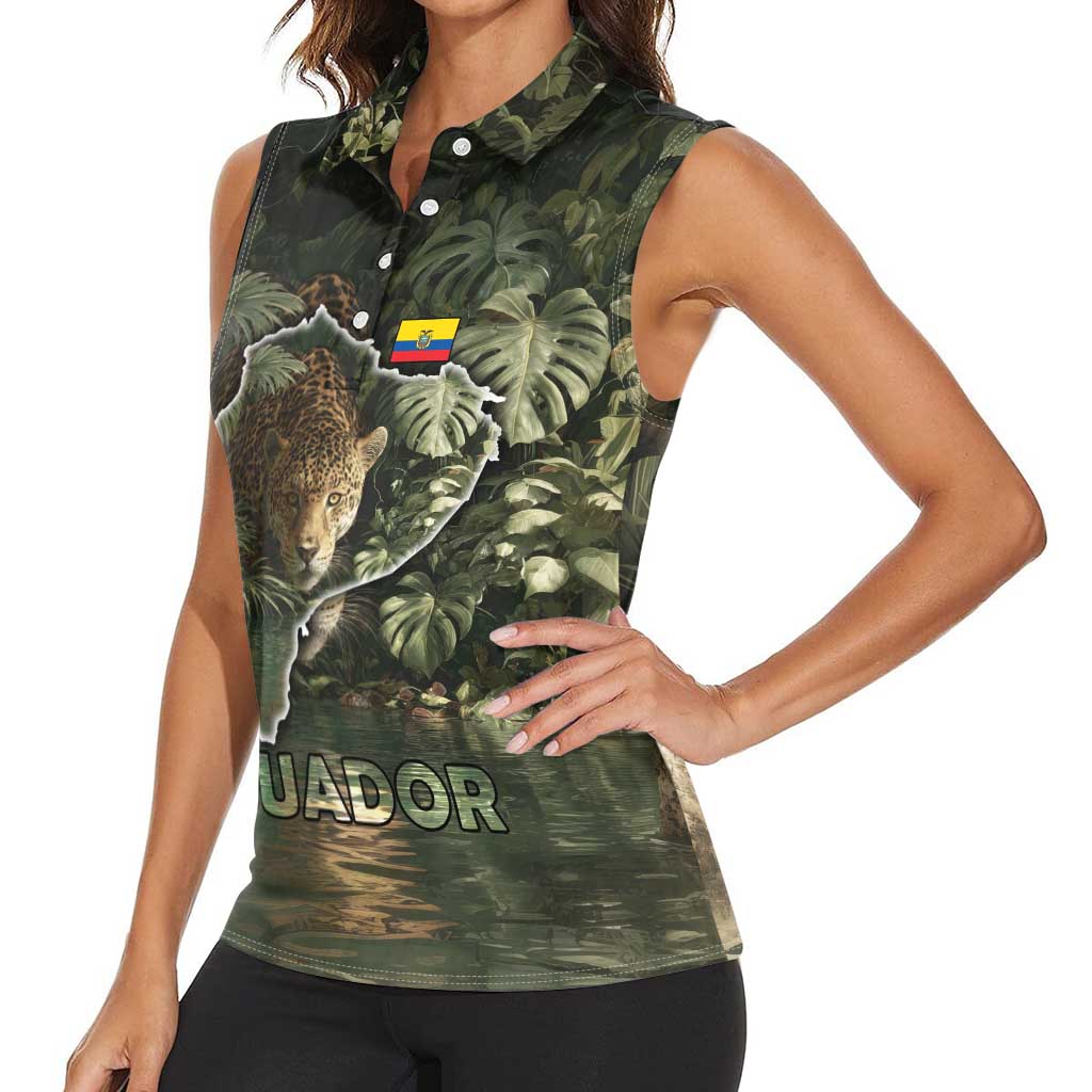 Ecuador Women Sleeveless Polo Shirt with Jaguar Rainforest Map Design - Wonder Print Shop