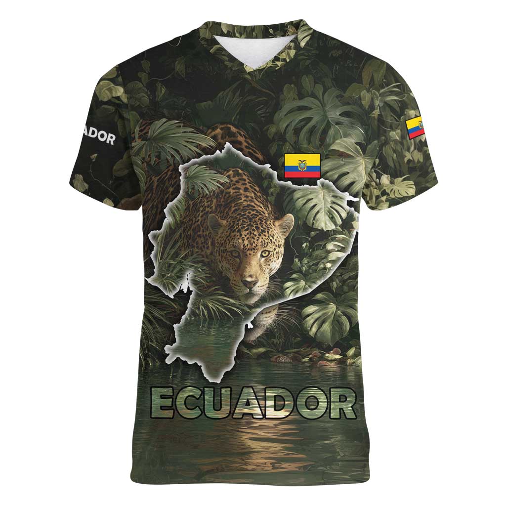 Ecuador Women V-Neck T-Shirt with Jaguar Rainforest Map Design - Wonder Print Shop