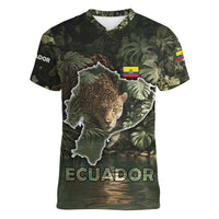 Ecuador Women V-Neck T-Shirt with Jaguar Rainforest Map Design - Wonder Print Shop