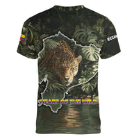 Ecuador Women V-Neck T-Shirt with Jaguar Rainforest Map Design - Wonder Print Shop