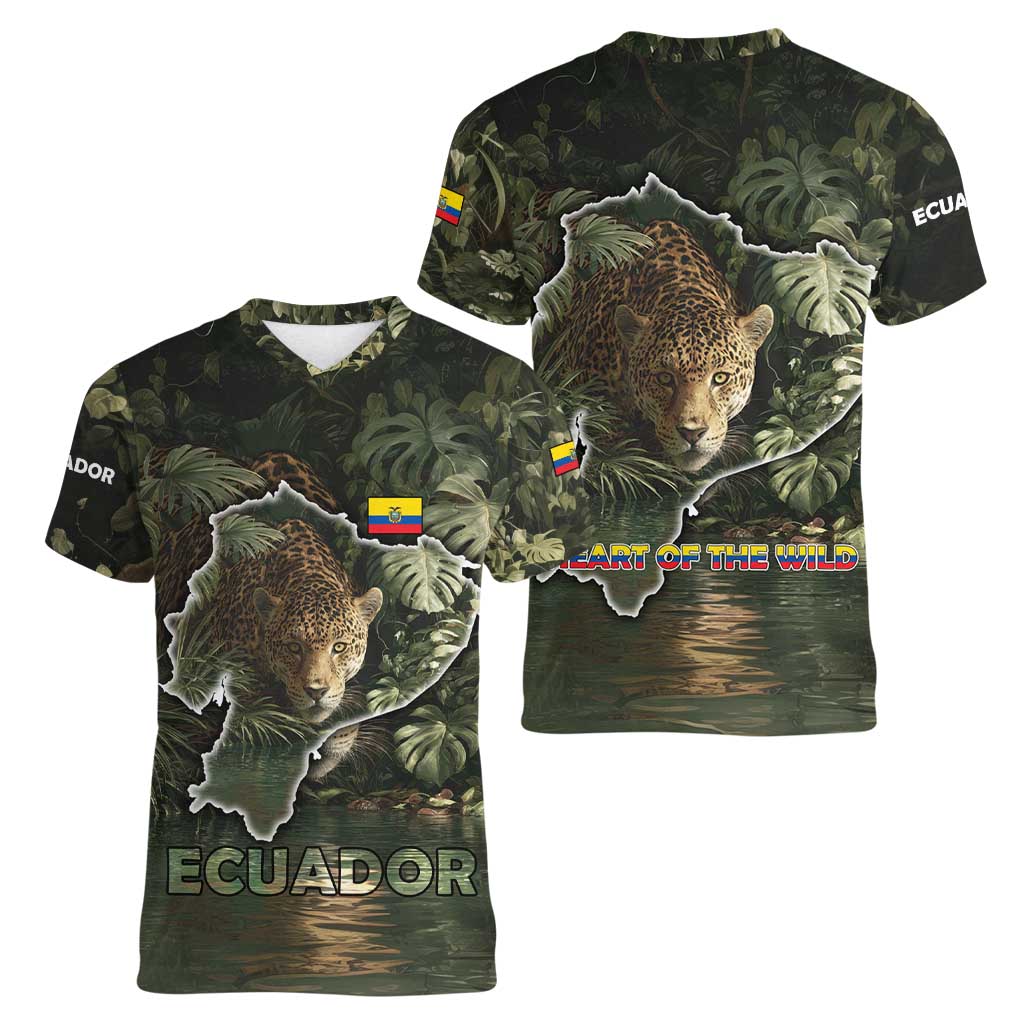 Ecuador Women V-Neck T-Shirt with Jaguar Rainforest Map Design - Wonder Print Shop