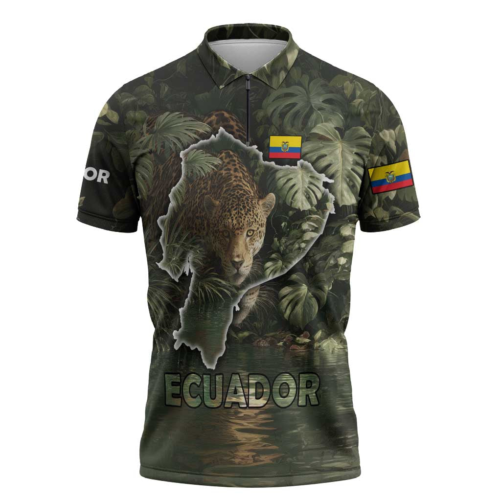 Ecuador Zipper Polo Shirt with Jaguar Rainforest Map Design - Wonder Print Shop