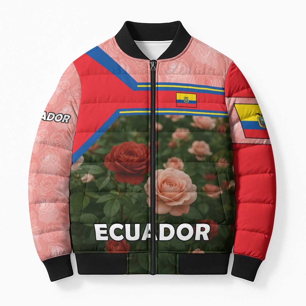 Ecuador Bomber Puffer Jacket with Rose Garden and Floral Texture Design - Wonder Print Shop