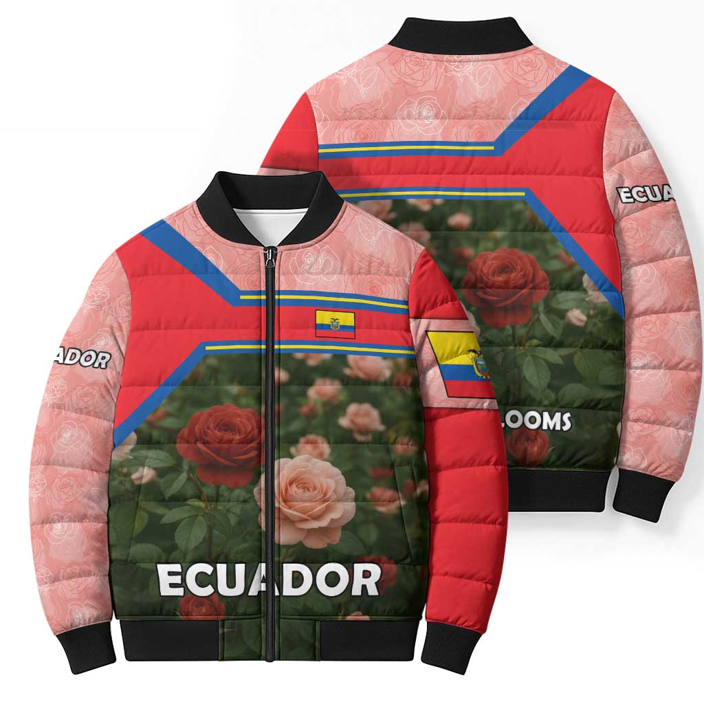 Ecuador Bomber Puffer Jacket with Rose Garden and Floral Texture Design - Wonder Print Shop