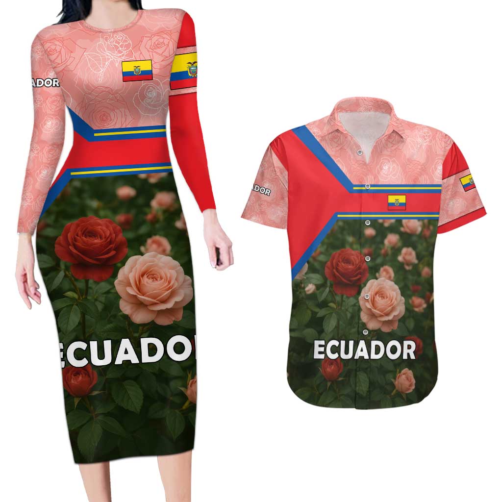 Ecuador Couples Matching Long Sleeve Bodycon Dress and Hawaiian Shirt with Rose Garden and Floral Texture Design - Wonder Print Shop