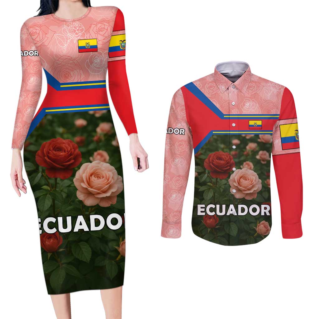 Ecuador Couples Matching Long Sleeve Bodycon Dress and Long Sleeve Button Shirt with Rose Garden and Floral Texture Design - Wonder Print Shop