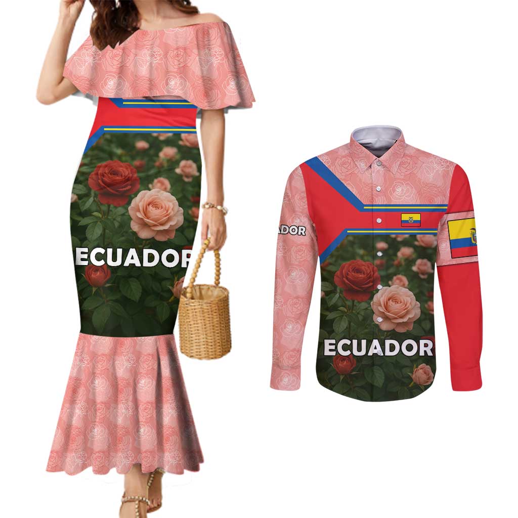 Ecuador Couples Matching Mermaid Dress and Long Sleeve Button Shirt with Rose Garden and Floral Texture Design - Wonder Print Shop