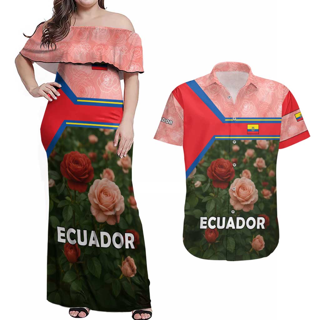 Ecuador Couples Matching Off Shoulder Maxi Dress and Hawaiian Shirt with Rose Garden and Floral Texture Design - Wonder Print Shop
