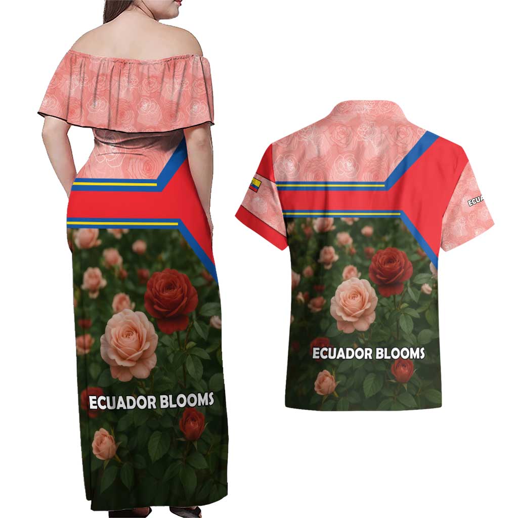 Ecuador Couples Matching Off Shoulder Maxi Dress and Hawaiian Shirt with Rose Garden and Floral Texture Design - Wonder Print Shop