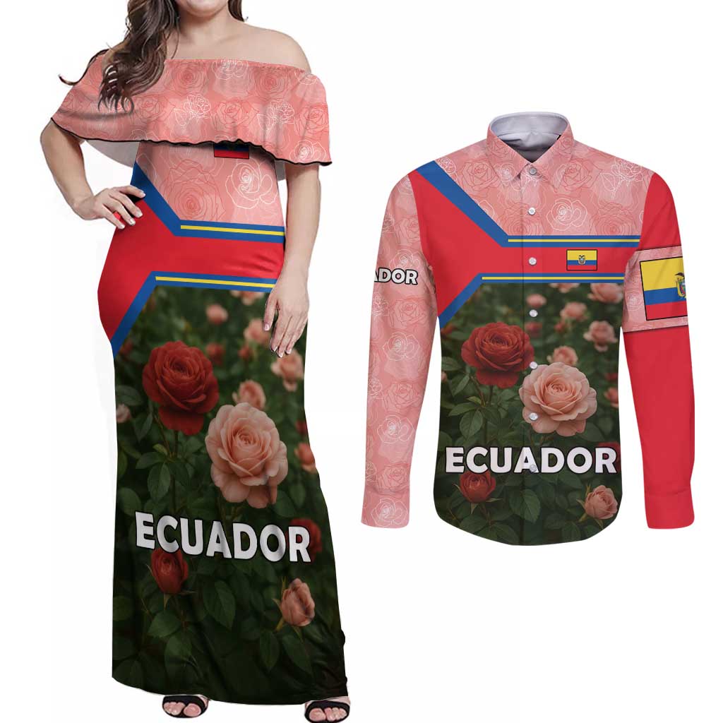 Ecuador Couples Matching Off Shoulder Maxi Dress and Long Sleeve Button Shirt with Rose Garden and Floral Texture Design - Wonder Print Shop