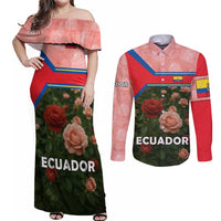 Ecuador Couples Matching Off Shoulder Maxi Dress and Long Sleeve Button Shirt with Rose Garden and Floral Texture Design - Wonder Print Shop