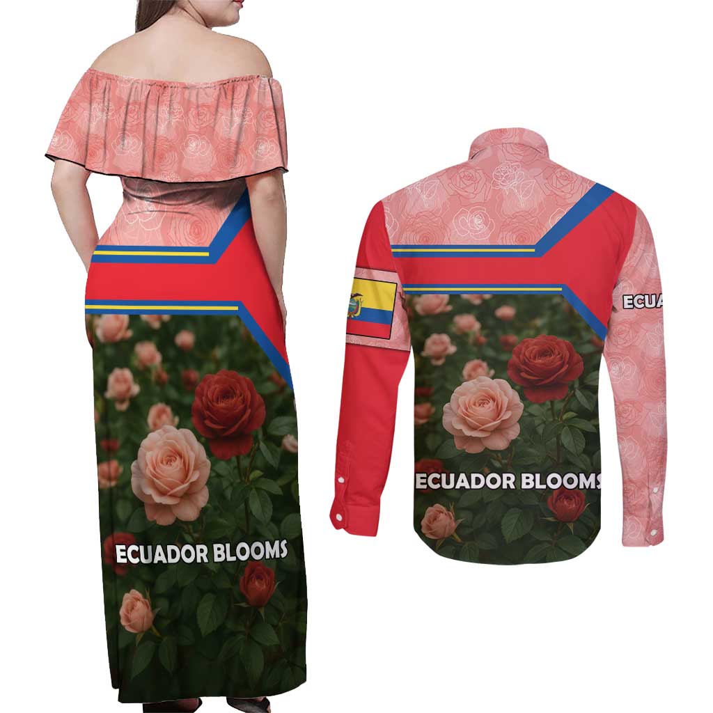 Ecuador Couples Matching Off Shoulder Maxi Dress and Long Sleeve Button Shirt with Rose Garden and Floral Texture Design - Wonder Print Shop