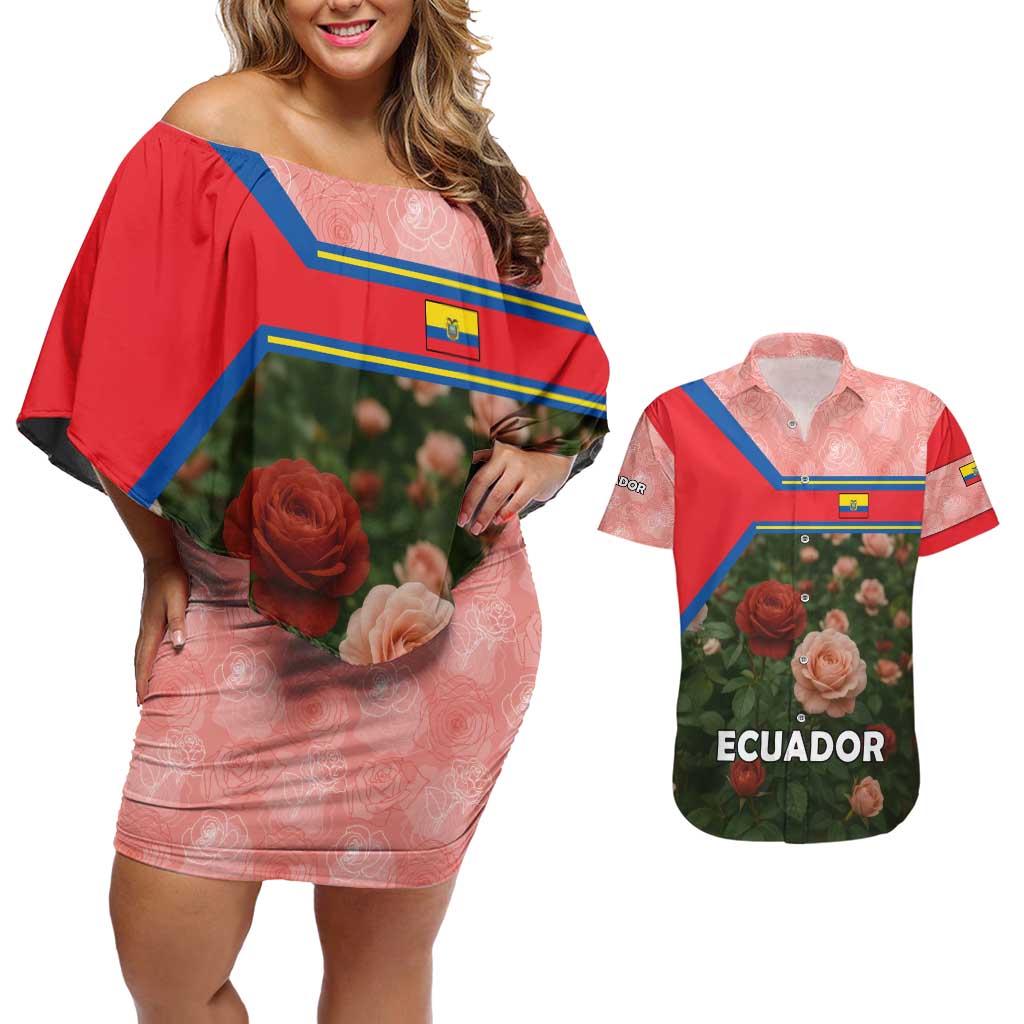 Ecuador Couples Matching Off Shoulder Short Dress and Hawaiian Shirt with Rose Garden and Floral Texture Design - Wonder Print Shop