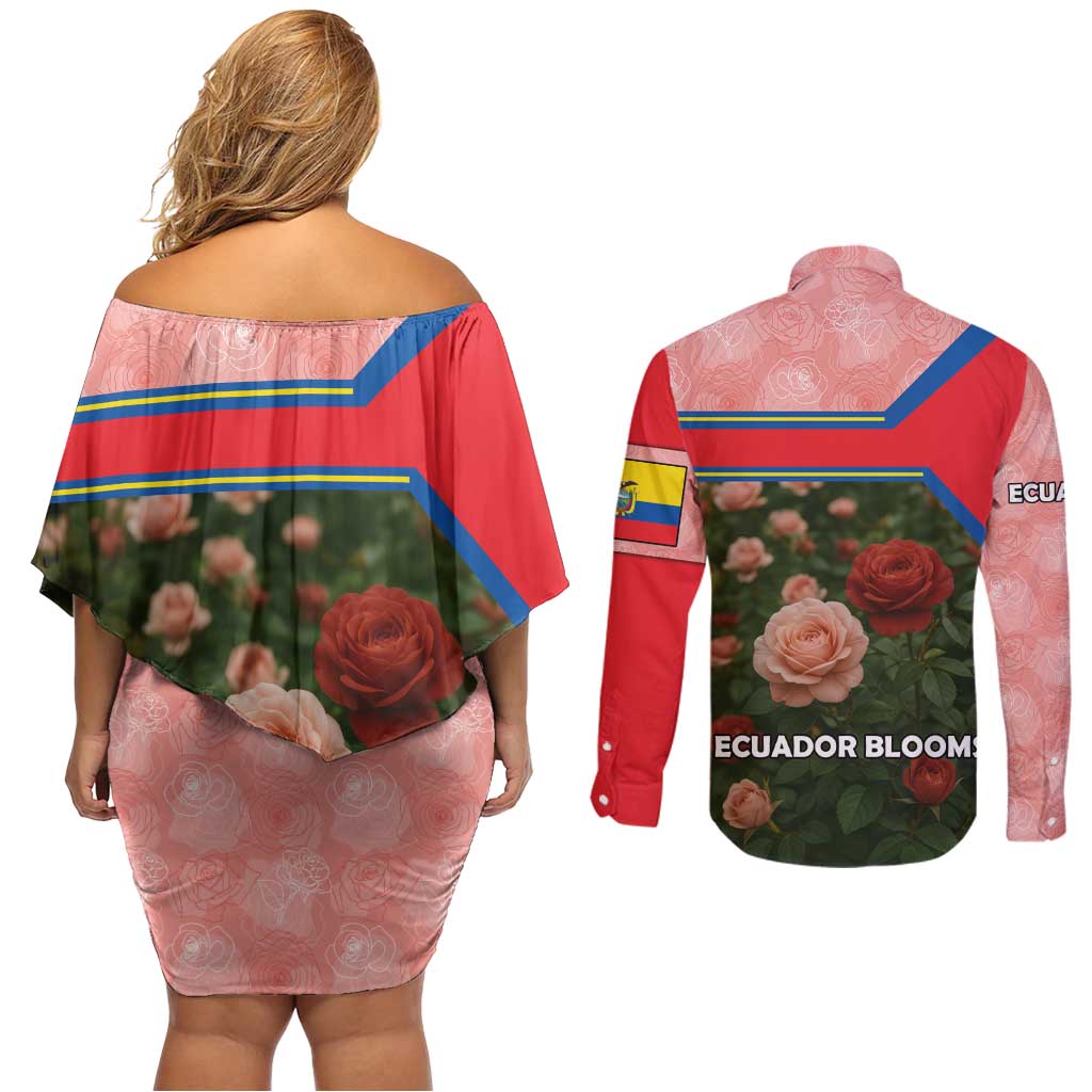Ecuador Couples Matching Off Shoulder Short Dress and Long Sleeve Button Shirt with Rose Garden and Floral Texture Design - Wonder Print Shop