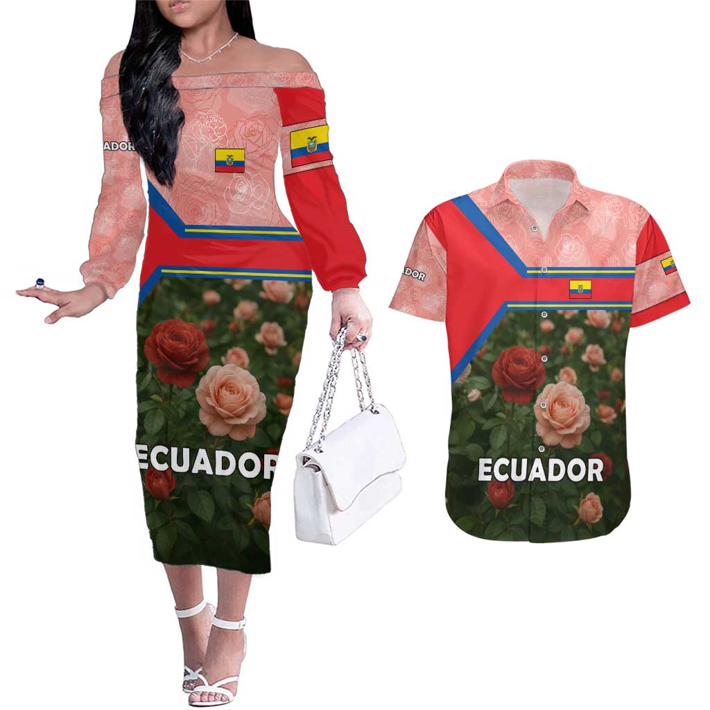 Ecuador Couples Matching Off The Shoulder Long Sleeve Dress and Hawaiian Shirt with Rose Garden and Floral Texture Design - Wonder Print Shop