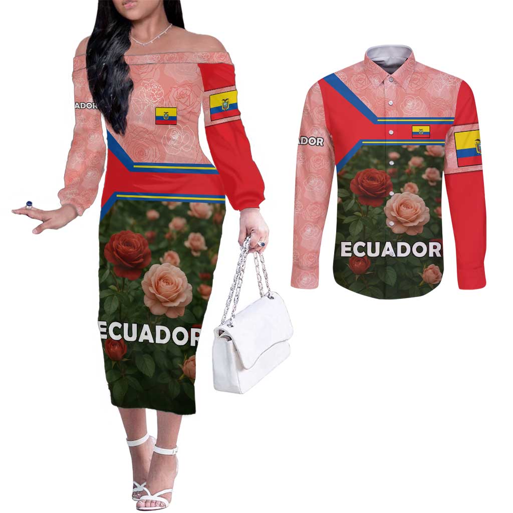 Ecuador Couples Matching Off The Shoulder Long Sleeve Dress and Long Sleeve Button Shirt with Rose Garden and Floral Texture Design - Wonder Print Shop