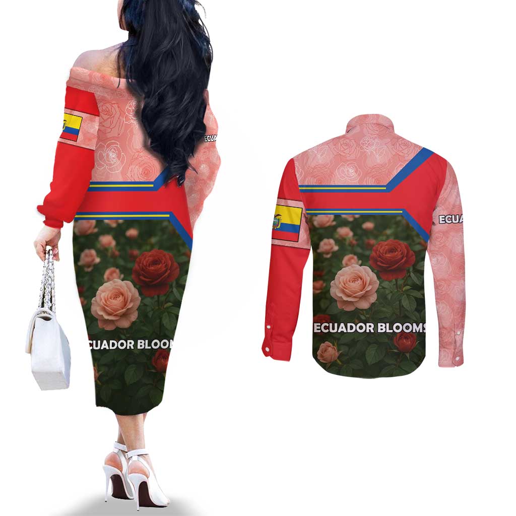 Ecuador Couples Matching Off The Shoulder Long Sleeve Dress and Long Sleeve Button Shirt with Rose Garden and Floral Texture Design - Wonder Print Shop