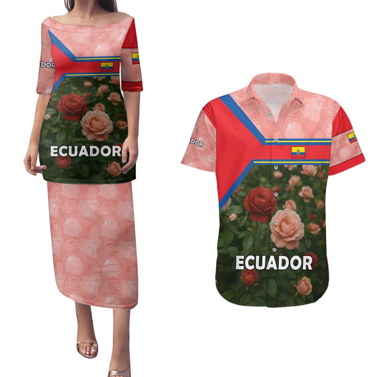 Ecuador Couples Matching Puletasi and Hawaiian Shirt with Rose Garden and Floral Texture Design - Wonder Print Shop