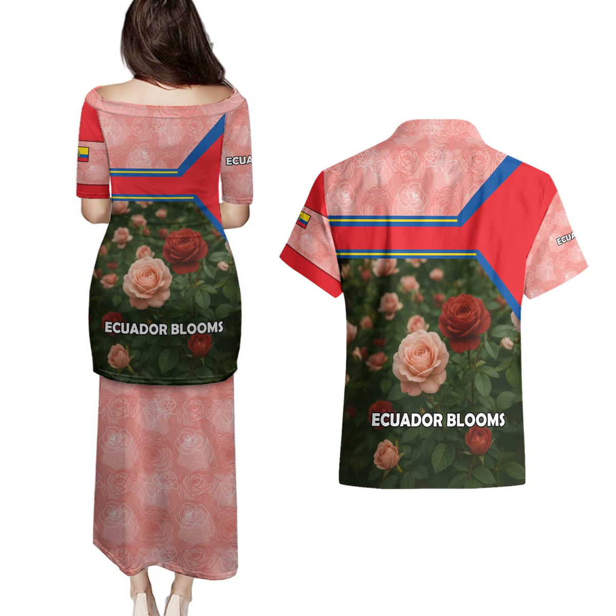 Ecuador Couples Matching Puletasi and Hawaiian Shirt with Rose Garden and Floral Texture Design - Wonder Print Shop