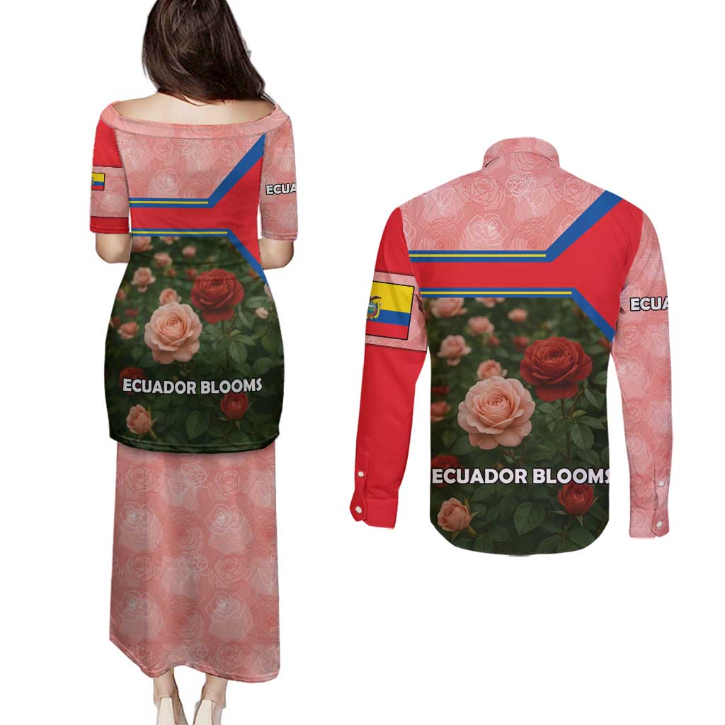 Ecuador Couples Matching Puletasi and Long Sleeve Button Shirt with Rose Garden and Floral Texture Design - Wonder Print Shop