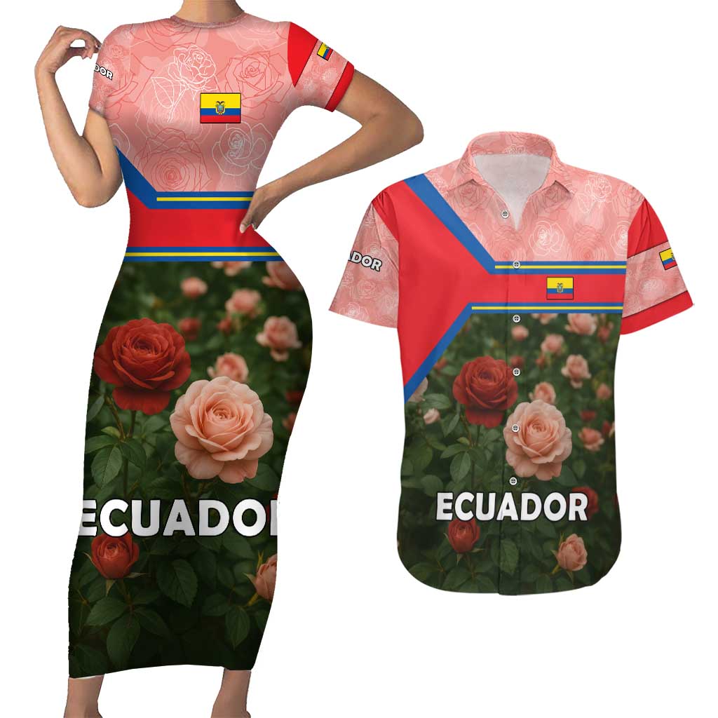Ecuador Couples Matching Short Sleeve Bodycon Dress and Hawaiian Shirt with Rose Garden and Floral Texture Design - Wonder Print Shop