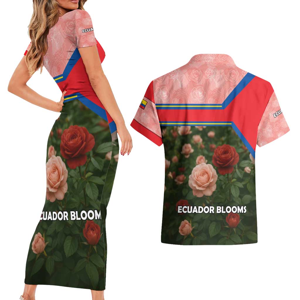 Ecuador Couples Matching Short Sleeve Bodycon Dress and Hawaiian Shirt with Rose Garden and Floral Texture Design - Wonder Print Shop