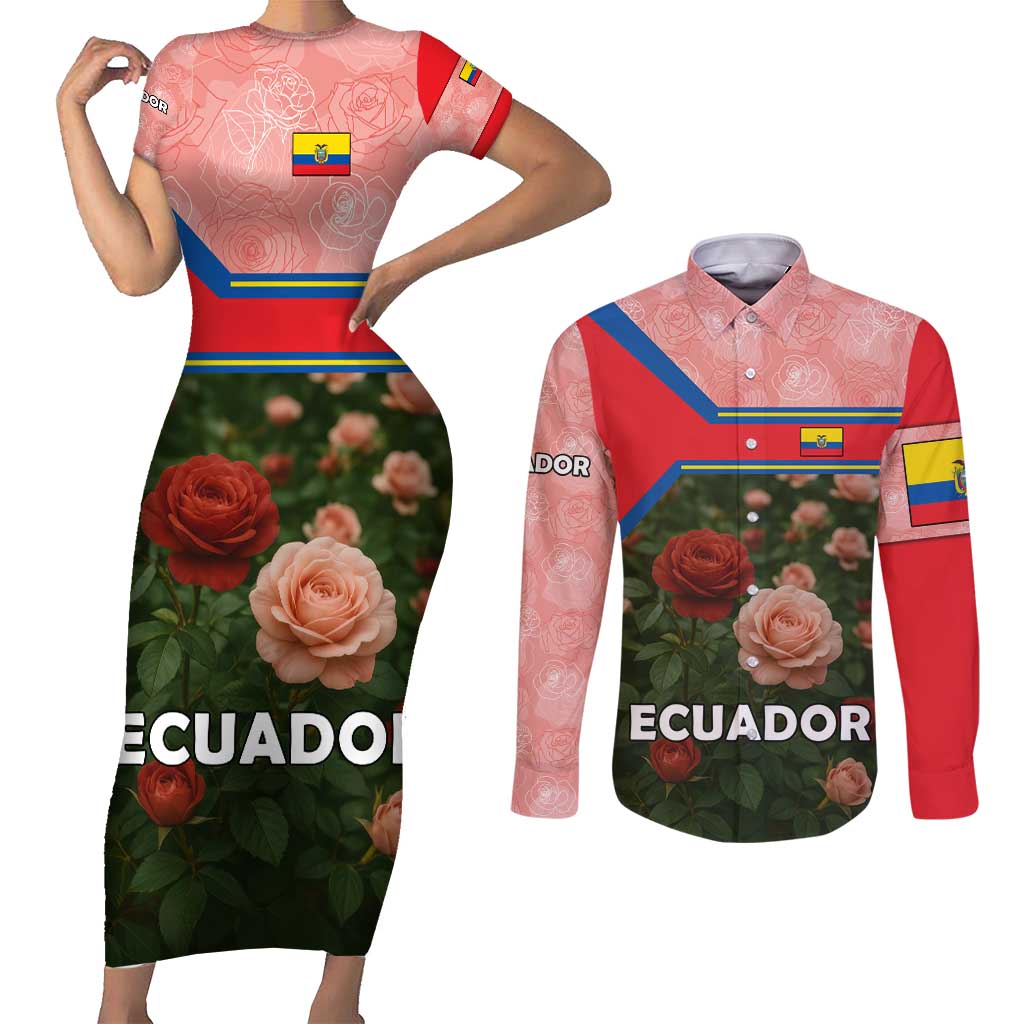 Ecuador Couples Matching Short Sleeve Bodycon Dress and Long Sleeve Button Shirt with Rose Garden and Floral Texture Design - Wonder Print Shop