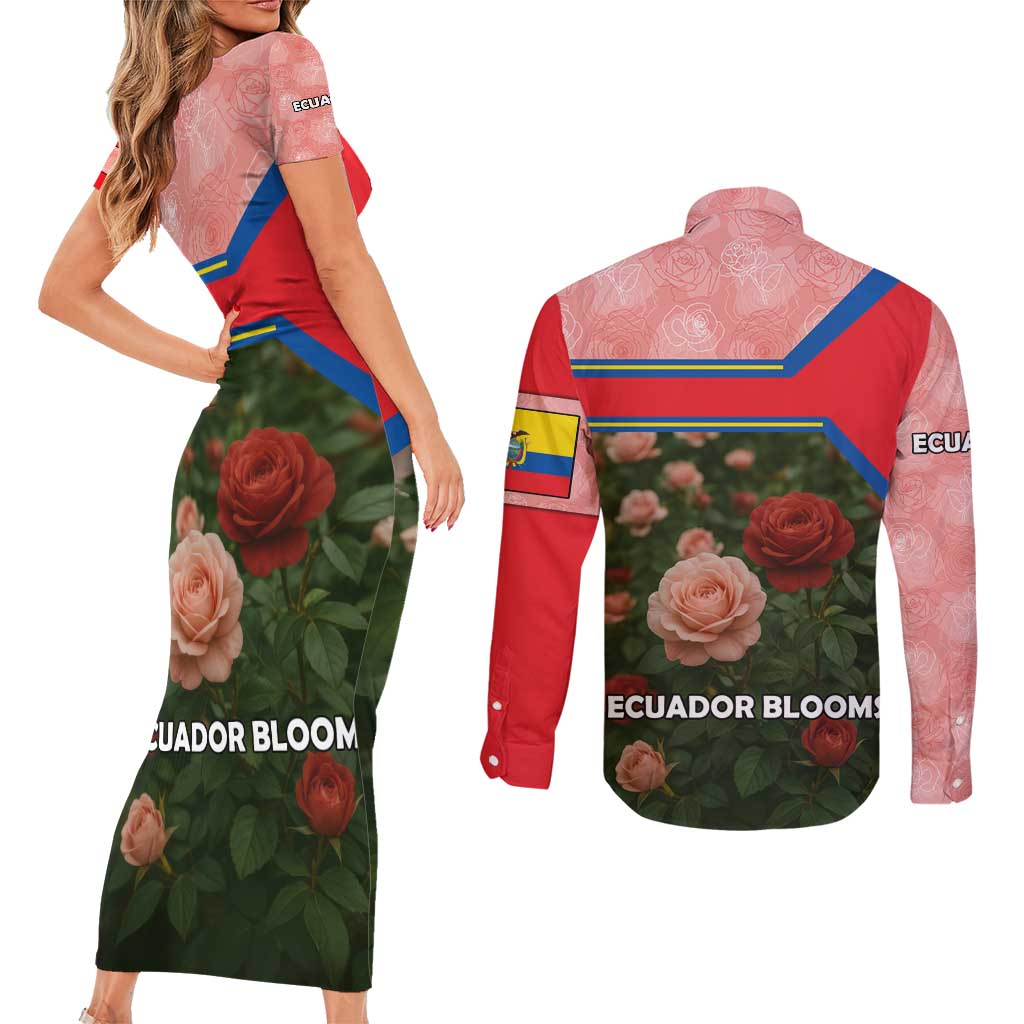 Ecuador Couples Matching Short Sleeve Bodycon Dress and Long Sleeve Button Shirt with Rose Garden and Floral Texture Design - Wonder Print Shop