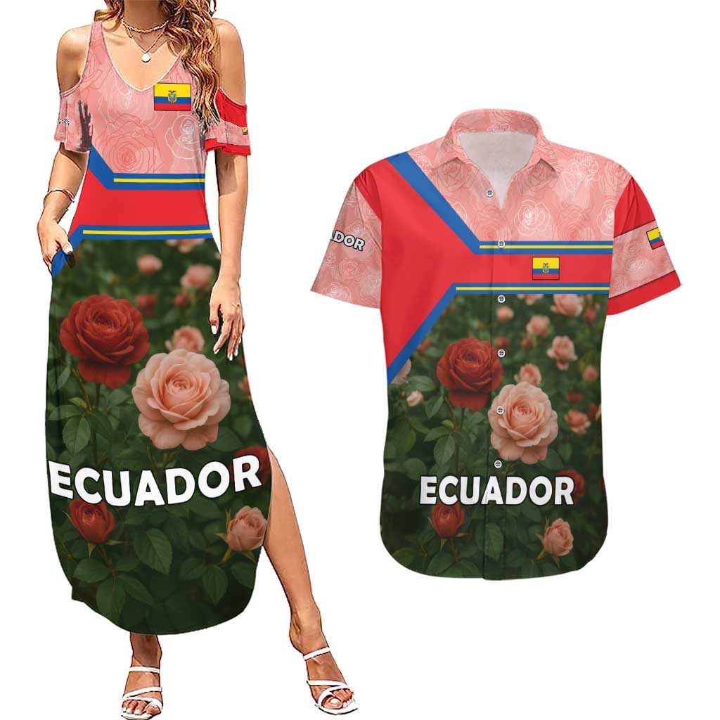 Ecuador Couples Matching Summer Maxi Dress and Hawaiian Shirt with Rose Garden and Floral Texture Design - Wonder Print Shop