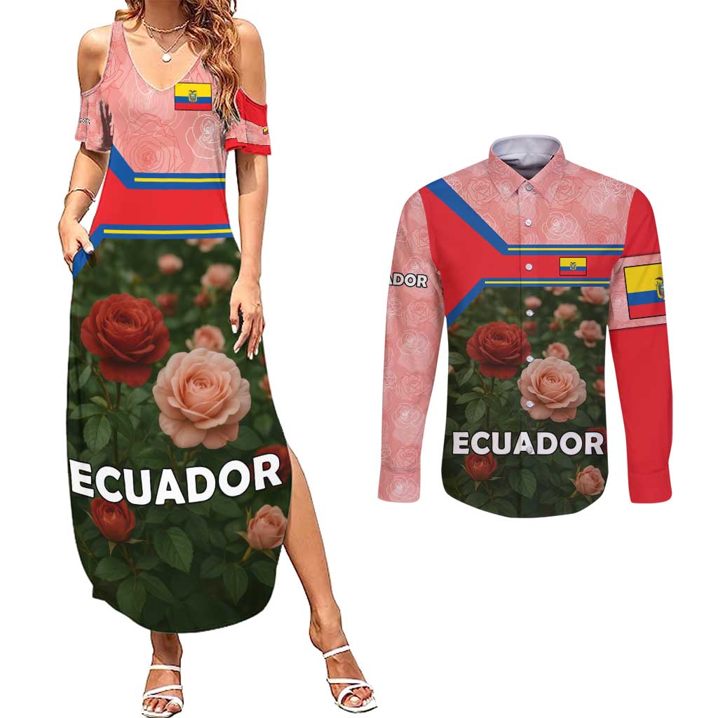 Ecuador Couples Matching Summer Maxi Dress and Long Sleeve Button Shirt with Rose Garden and Floral Texture Design - Wonder Print Shop