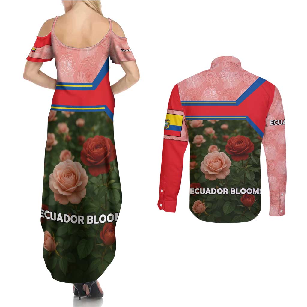 Ecuador Couples Matching Summer Maxi Dress and Long Sleeve Button Shirt with Rose Garden and Floral Texture Design - Wonder Print Shop