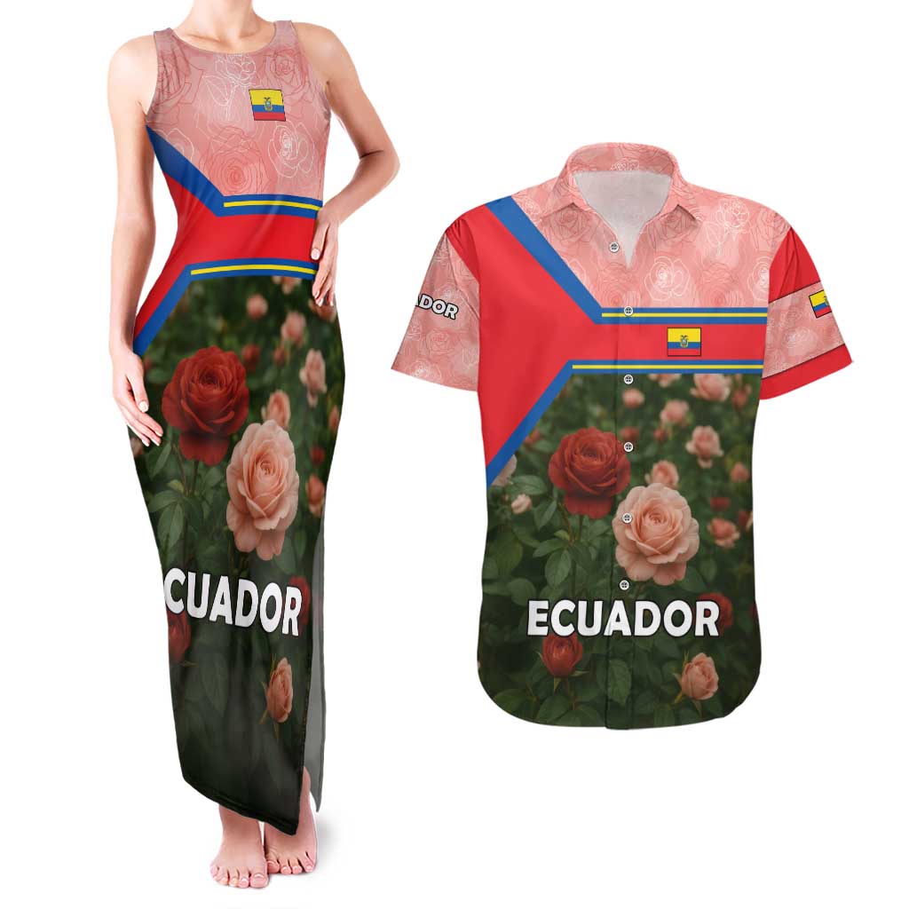 Ecuador Couples Matching Tank Maxi Dress and Hawaiian Shirt with Rose Garden and Floral Texture Design - Wonder Print Shop