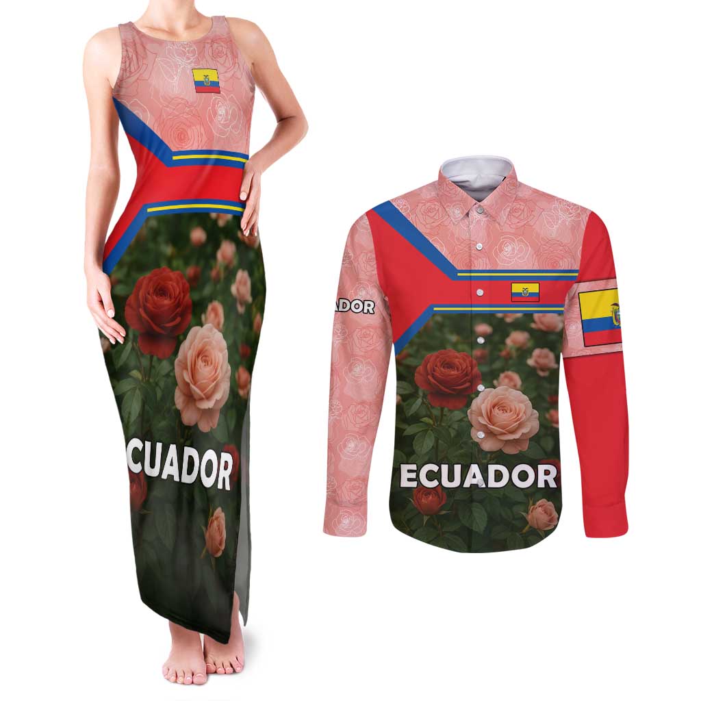 Ecuador Couples Matching Tank Maxi Dress and Long Sleeve Button Shirt with Rose Garden and Floral Texture Design - Wonder Print Shop