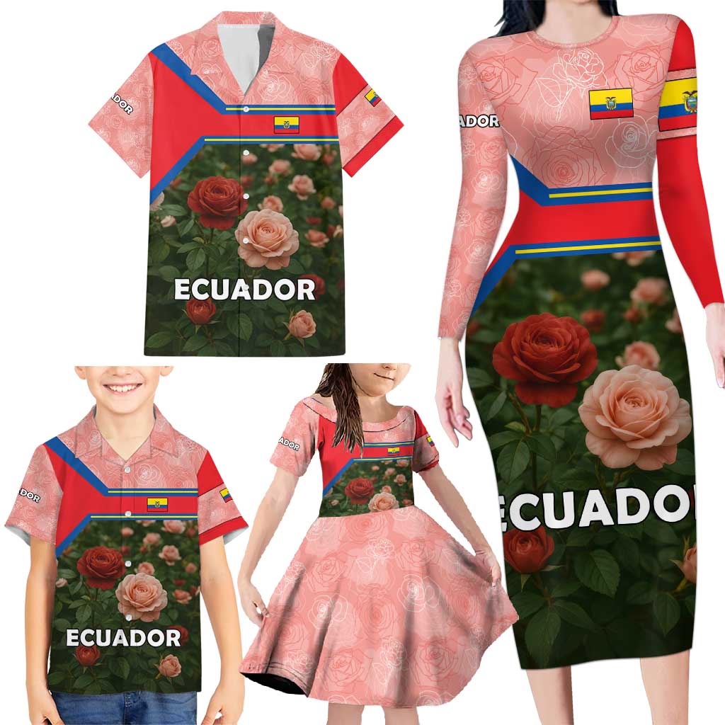 Ecuador Family Matching Long Sleeve Bodycon Dress and Hawaiian Shirt with Rose Garden and Floral Texture Design - Wonder Print Shop