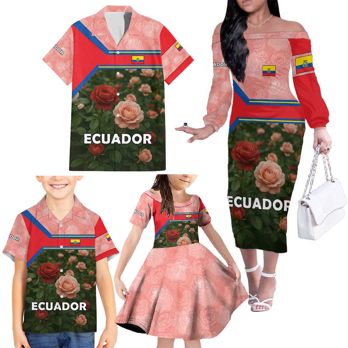 Ecuador Family Matching Off The Shoulder Long Sleeve Dress and Hawaiian Shirt with Rose Garden and Floral Texture Design - Wonder Print Shop
