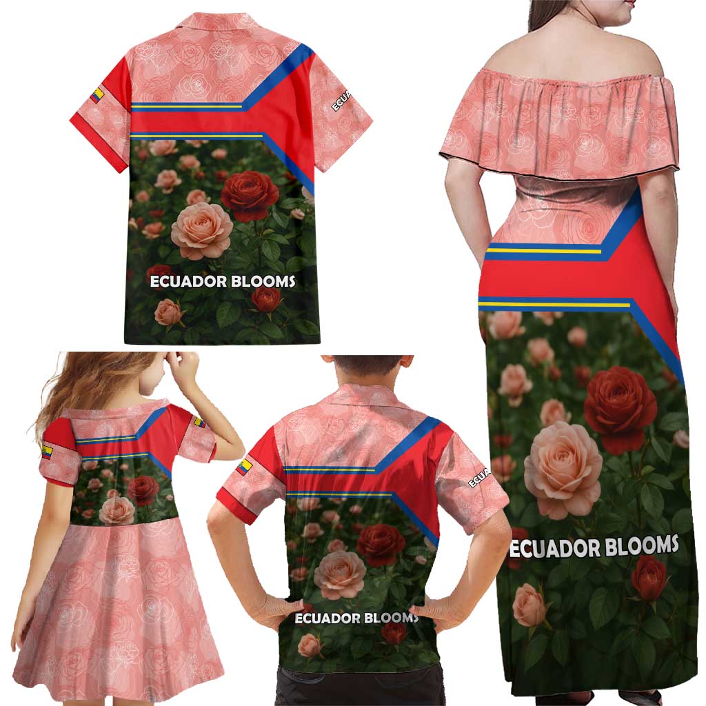 Ecuador Family Matching Off Shoulder Maxi Dress and Hawaiian Shirt with Rose Garden and Floral Texture Design - Wonder Print Shop