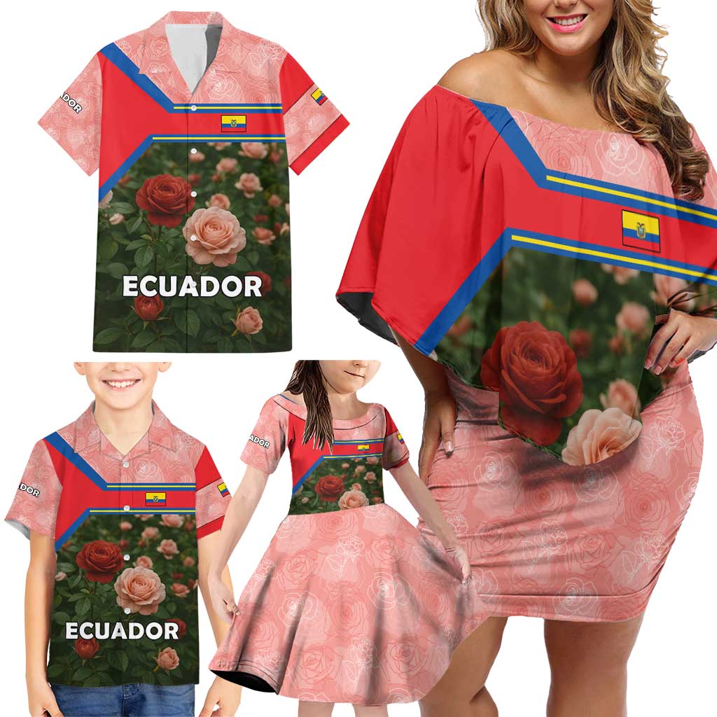 Ecuador Family Matching Off Shoulder Short Dress and Hawaiian Shirt with Rose Garden and Floral Texture Design - Wonder Print Shop