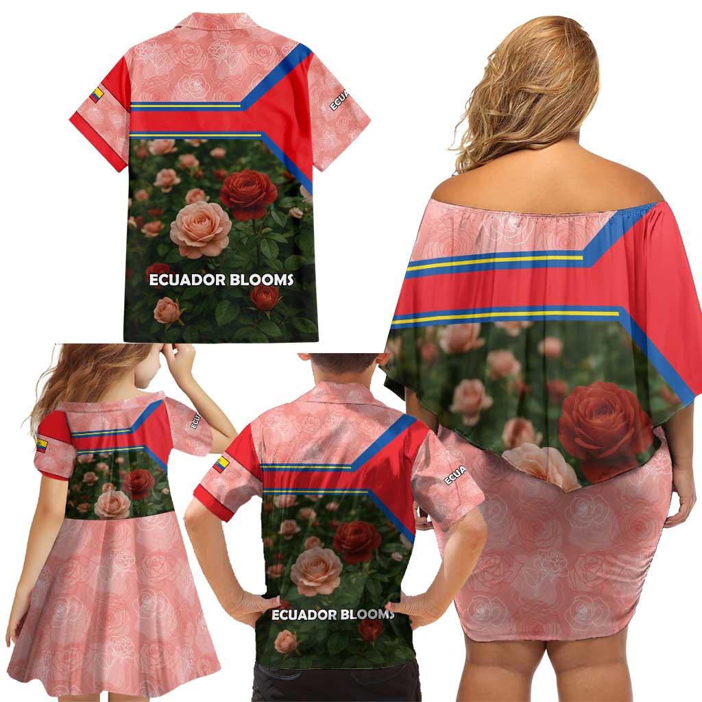 Ecuador Family Matching Off Shoulder Short Dress and Hawaiian Shirt with Rose Garden and Floral Texture Design - Wonder Print Shop
