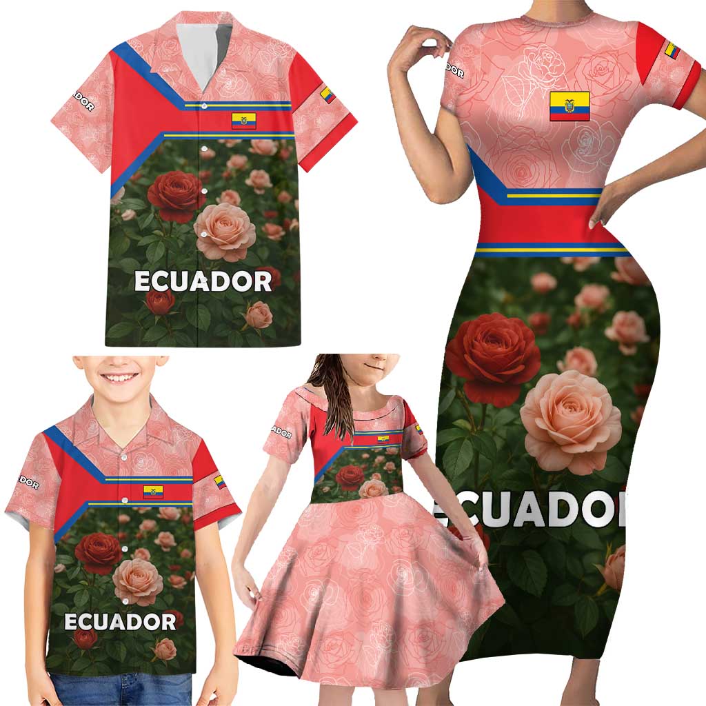 Ecuador Family Matching Short Sleeve Bodycon Dress and Hawaiian Shirt with Rose Garden and Floral Texture Design - Wonder Print Shop