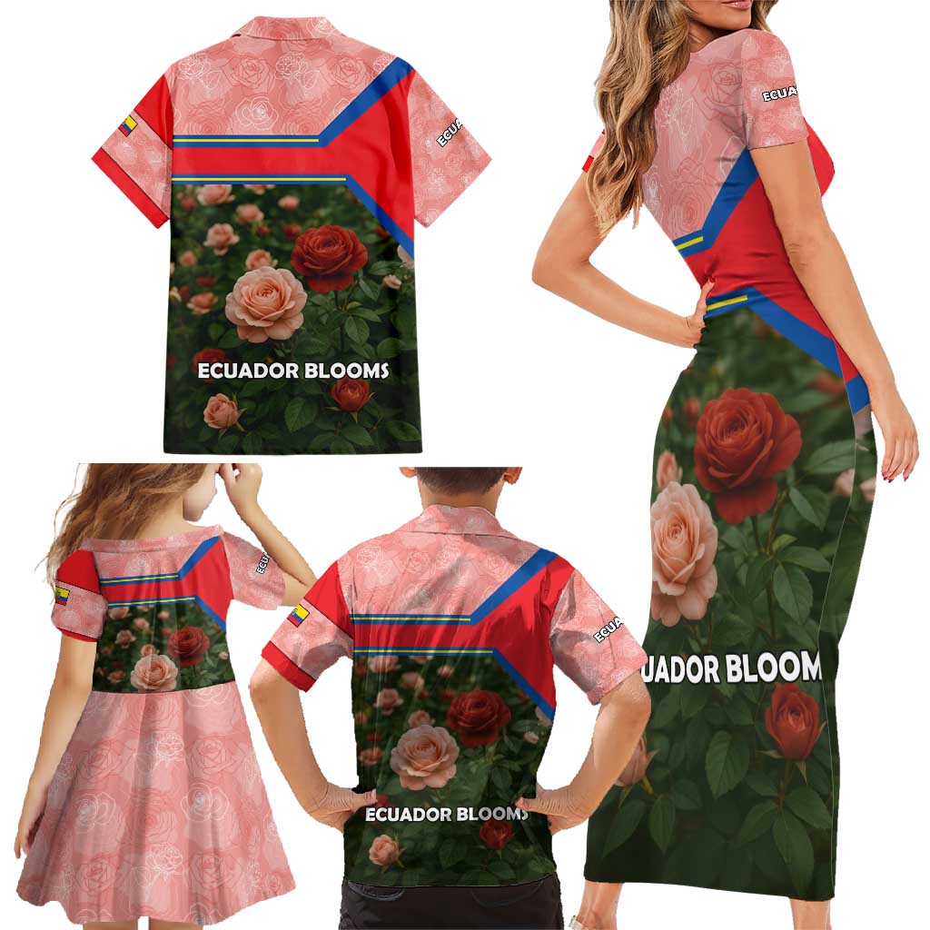 Ecuador Family Matching Short Sleeve Bodycon Dress and Hawaiian Shirt with Rose Garden and Floral Texture Design - Wonder Print Shop
