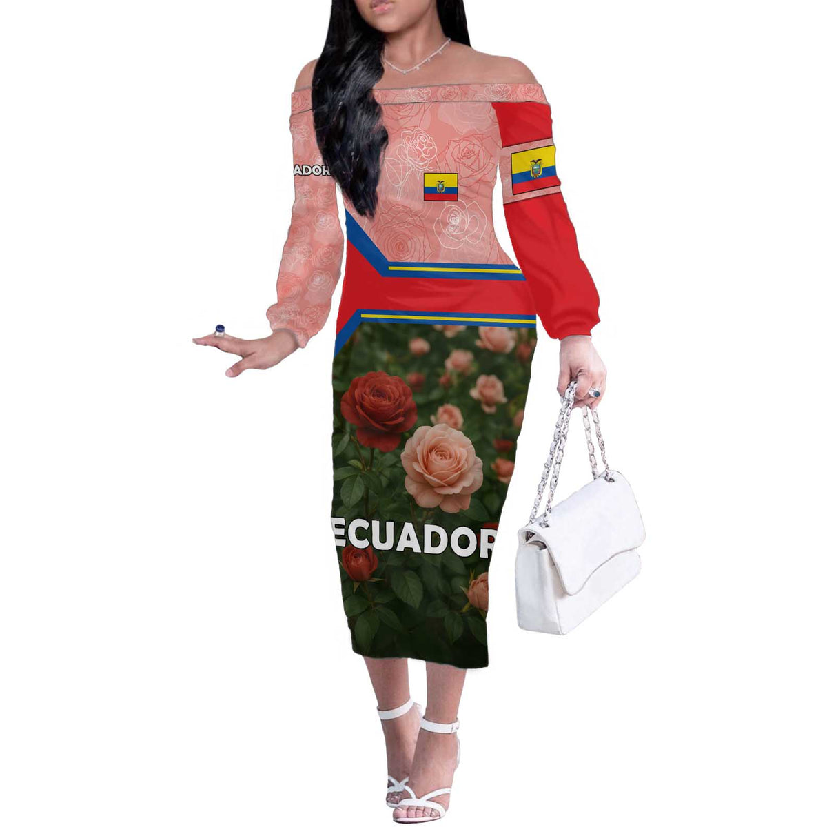 Ecuador Off The Shoulder Long Sleeve Dress with Rose Garden and Floral Texture Design - Wonder Print Shop
